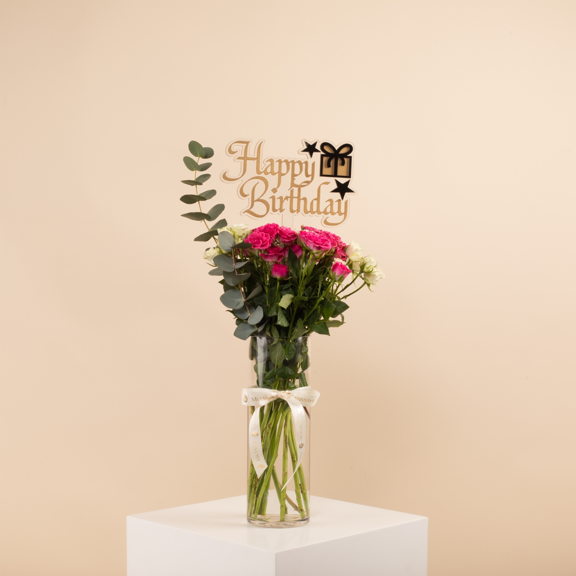 Picture of Birthday  Vase | Baby Rose Fuchsia & White