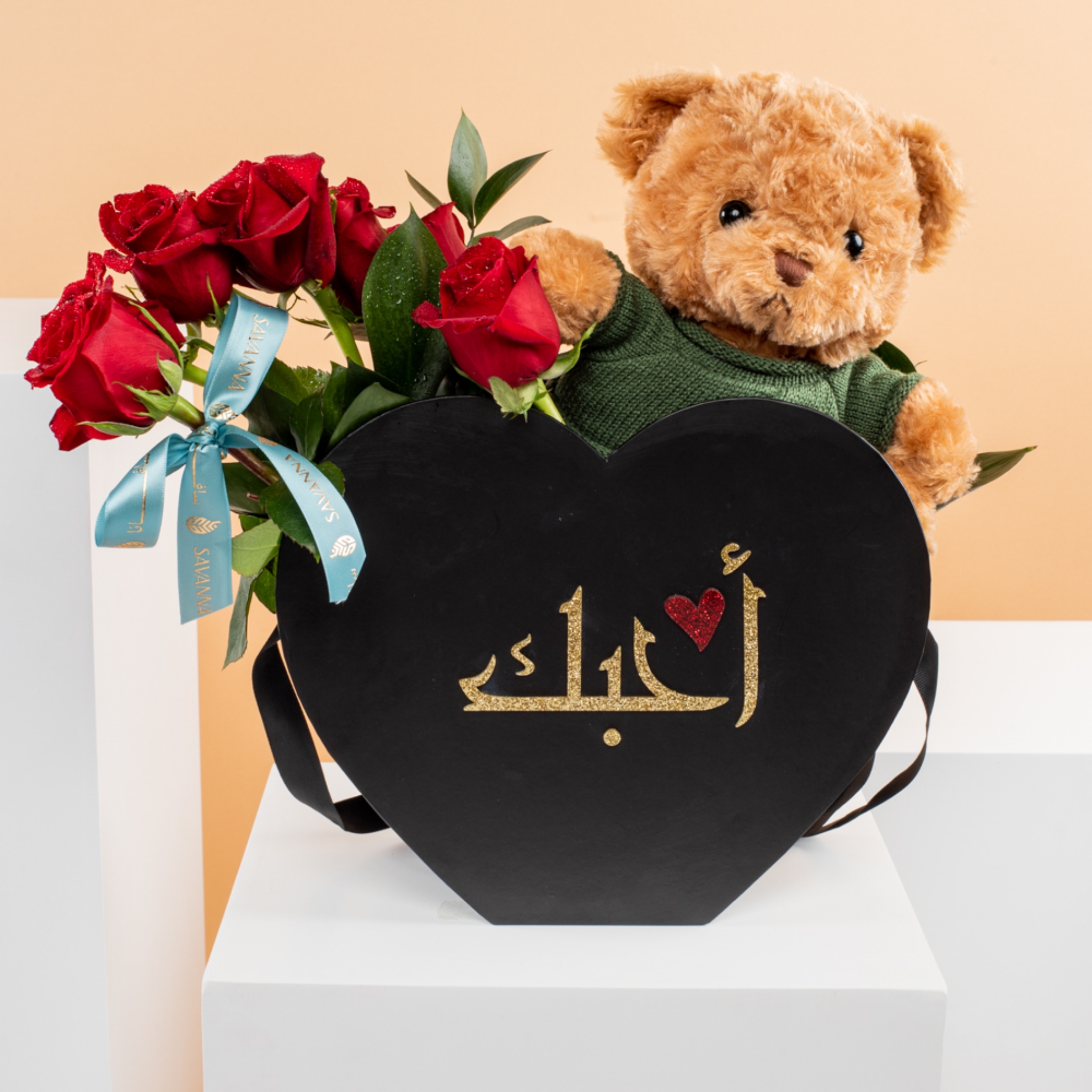 Picture of Heart Black BoxBrown Teddy BearRed Ros
