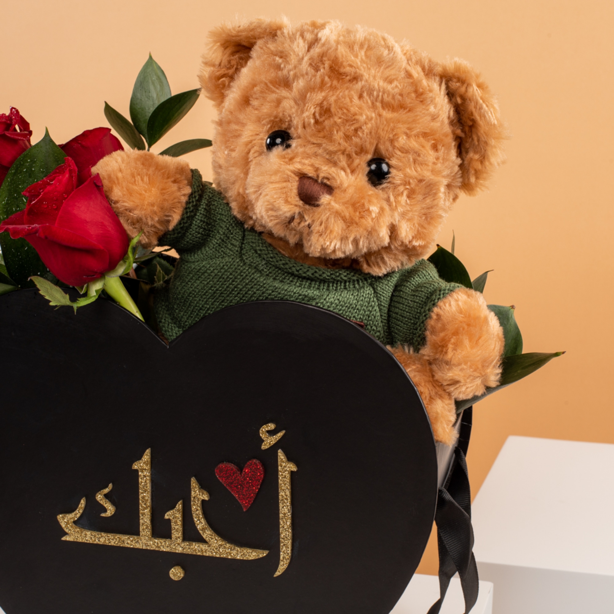 Picture of Heart Black BoxBrown Teddy BearRed Ros