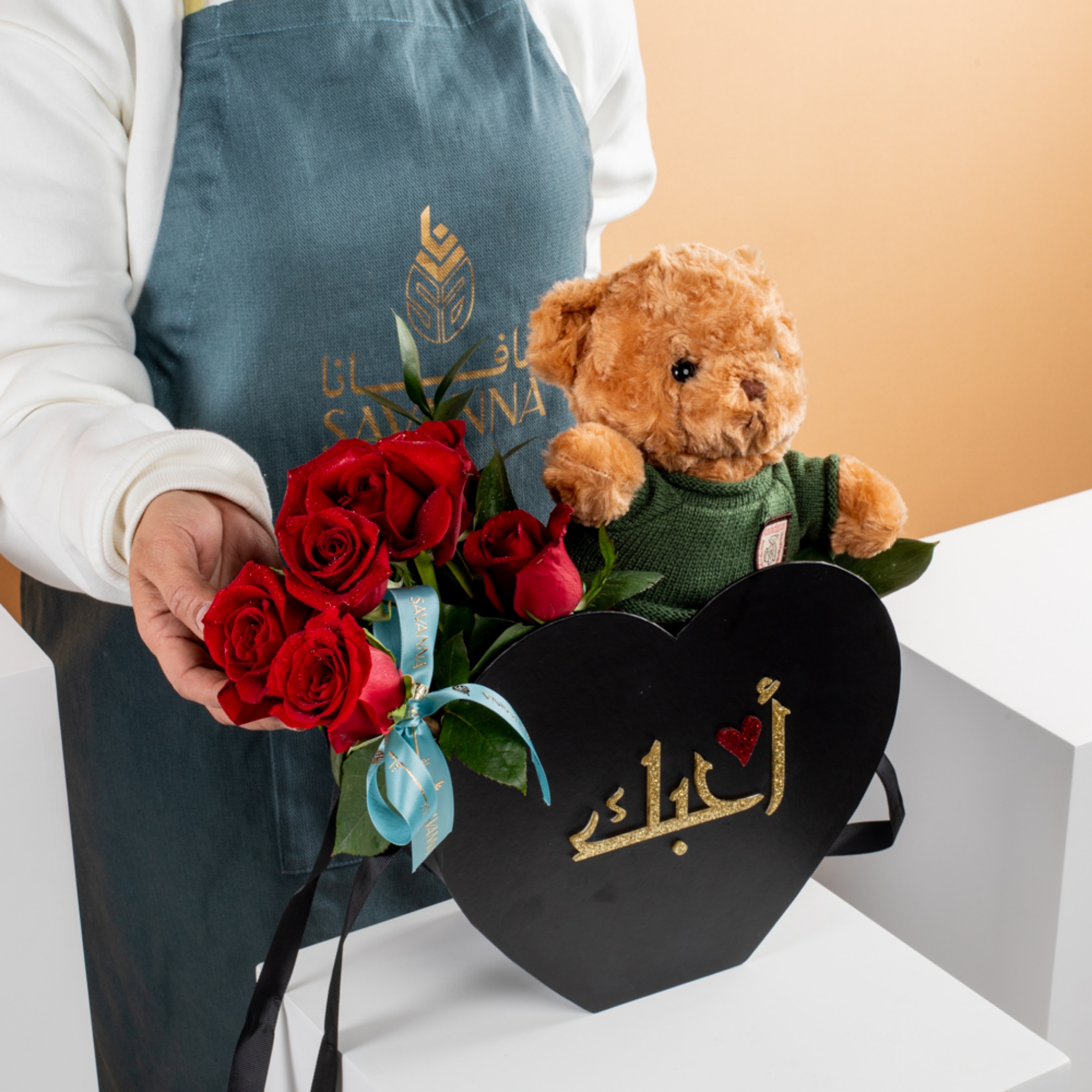 Picture of Heart Black BoxBrown Teddy BearRed Ros