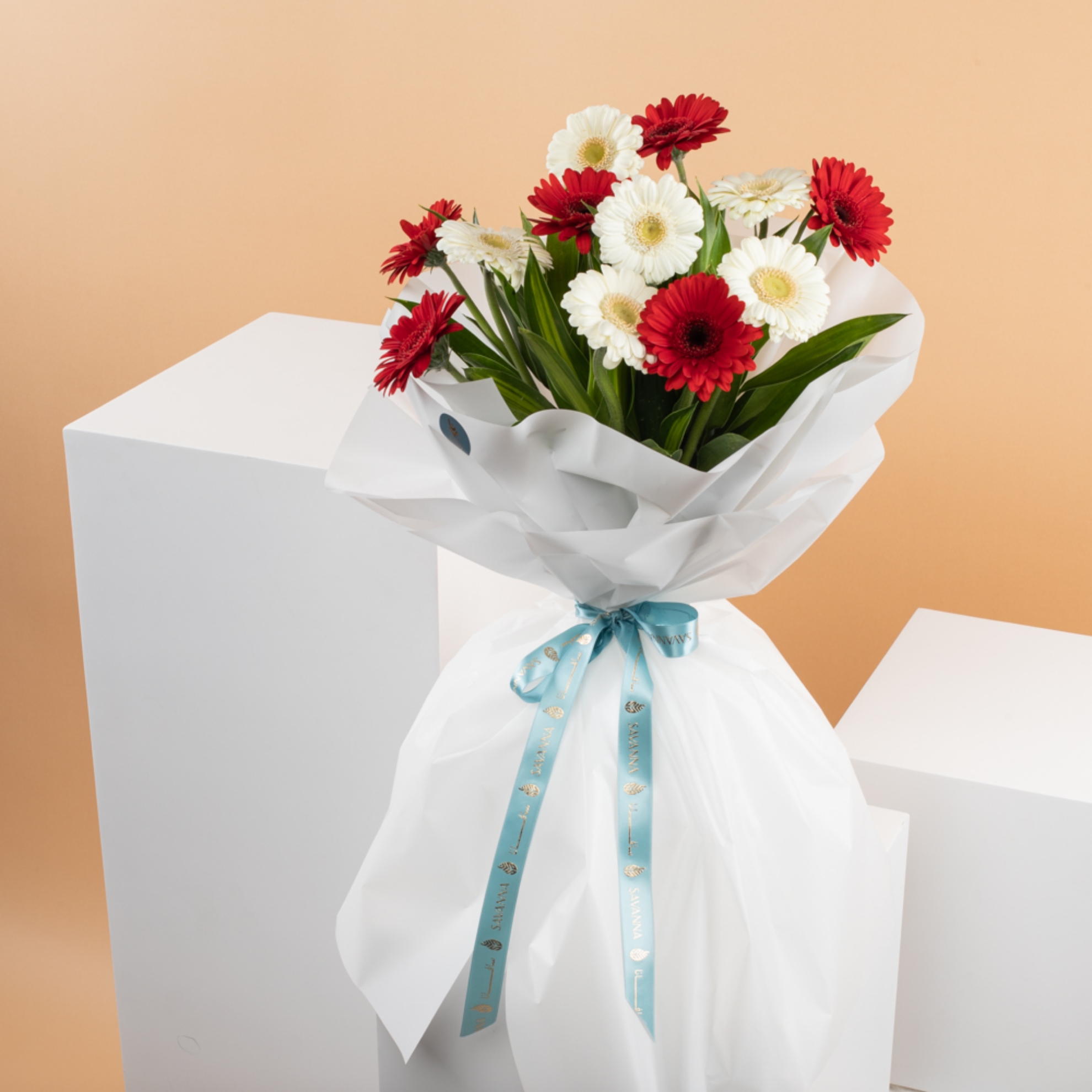 Picture of White and Red Gerbera Hand Bouquet