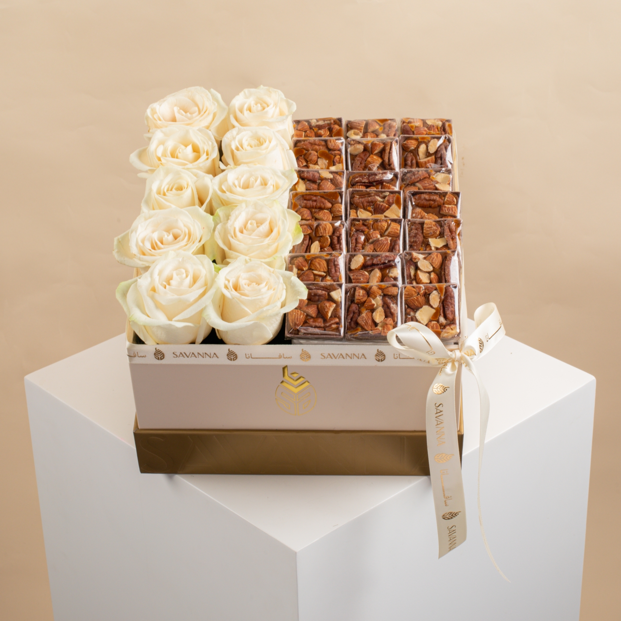 Picture of Flowers Box | White Roses And Nuts Chocolate 21Pcs