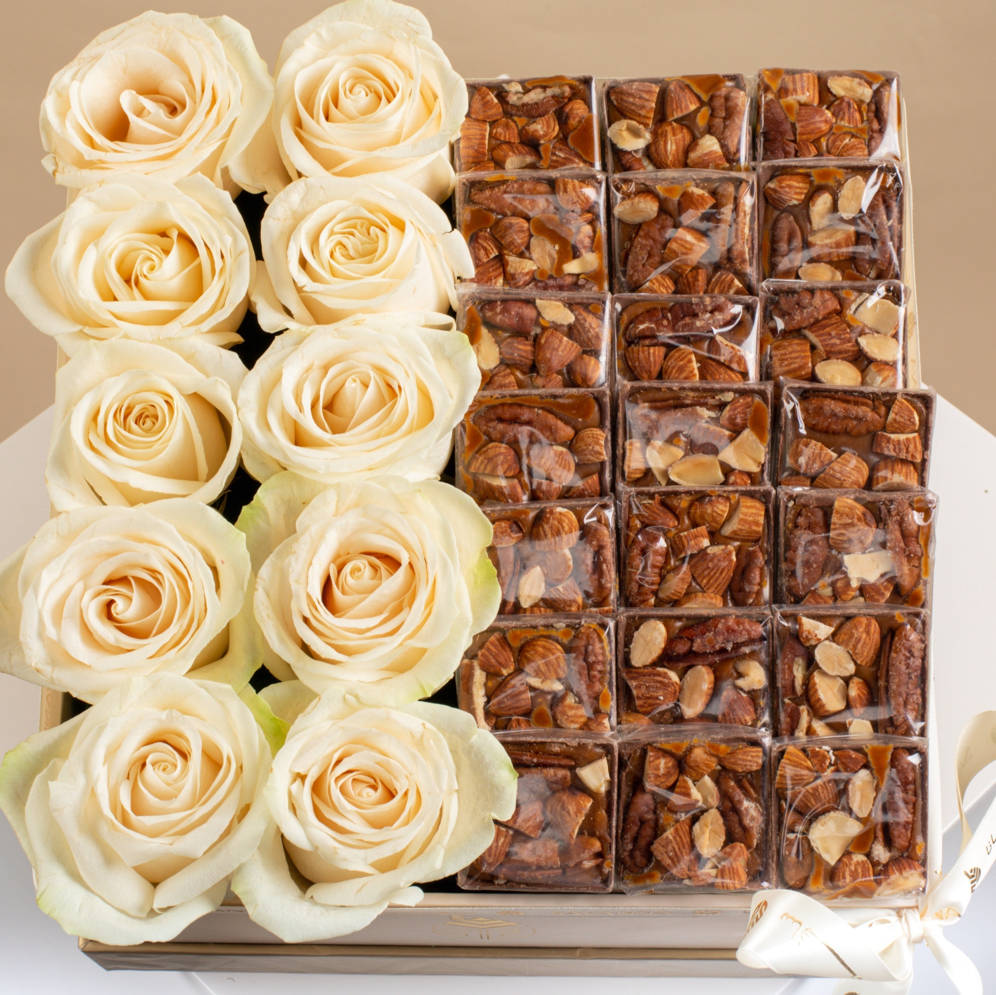 Picture of Flowers Box | White Roses And Nuts Chocolate 21Pcs
