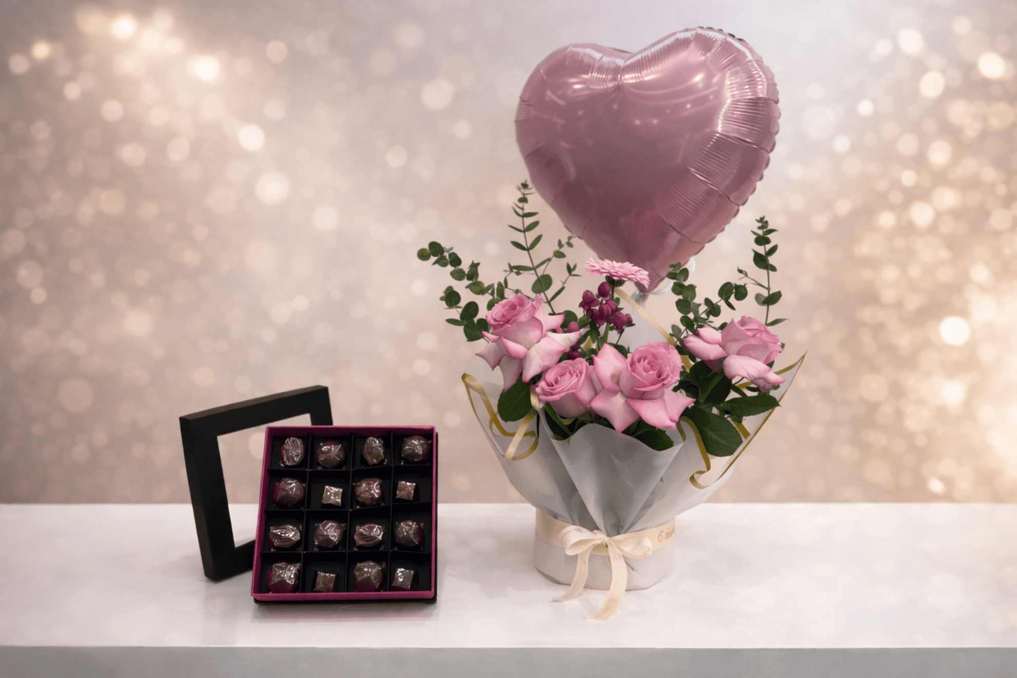 Picture of Assorted chocolate box 16 pcs | pink flowers |balloon