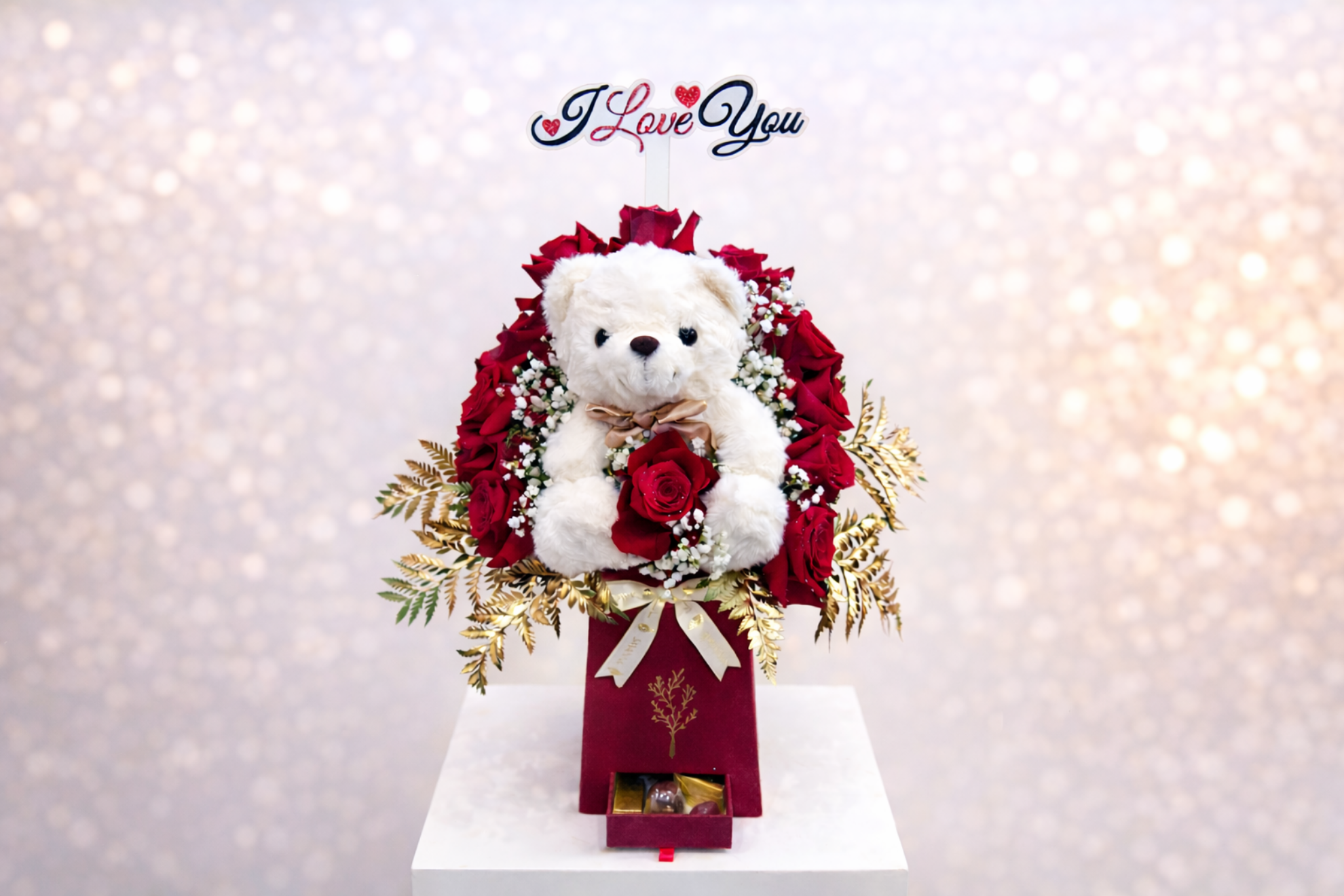 Picture of Red Flowers Box | Teddy Bear | Chocolate