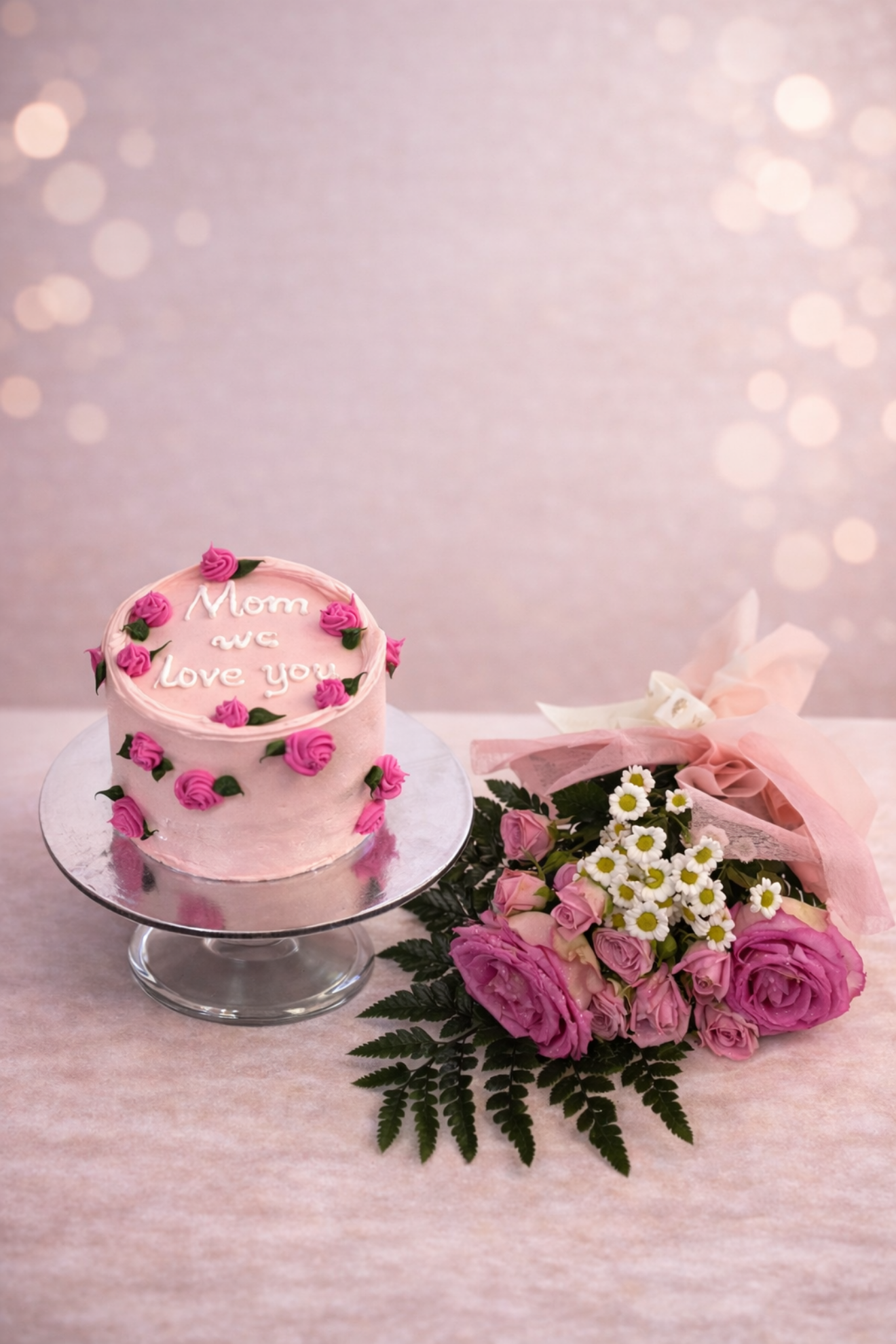 Picture of Mom we Love you Cake |strawberry and vanilla|flowers |2 to 4 person
